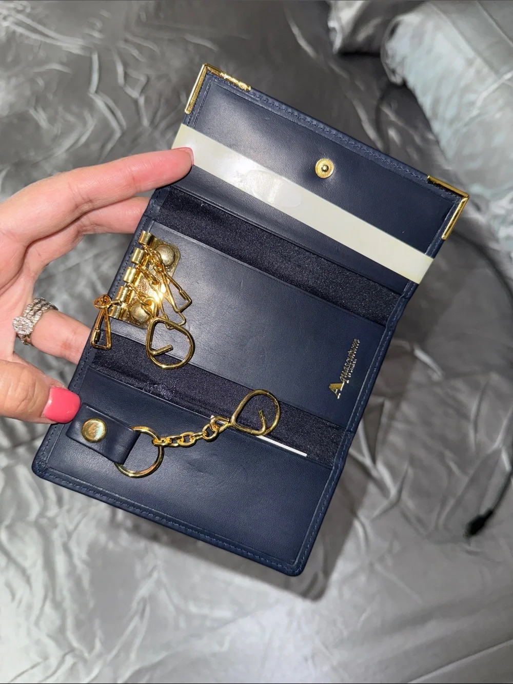Aquascutum London Navy Leather Key Case with Cream Stripe and Gold Accents